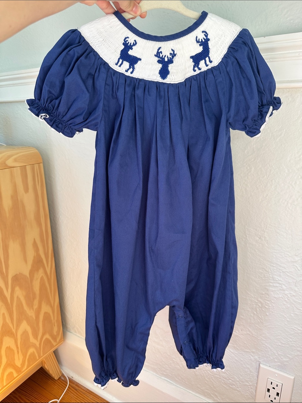 Classic Navy Smocked Reindeer Romper for Kids